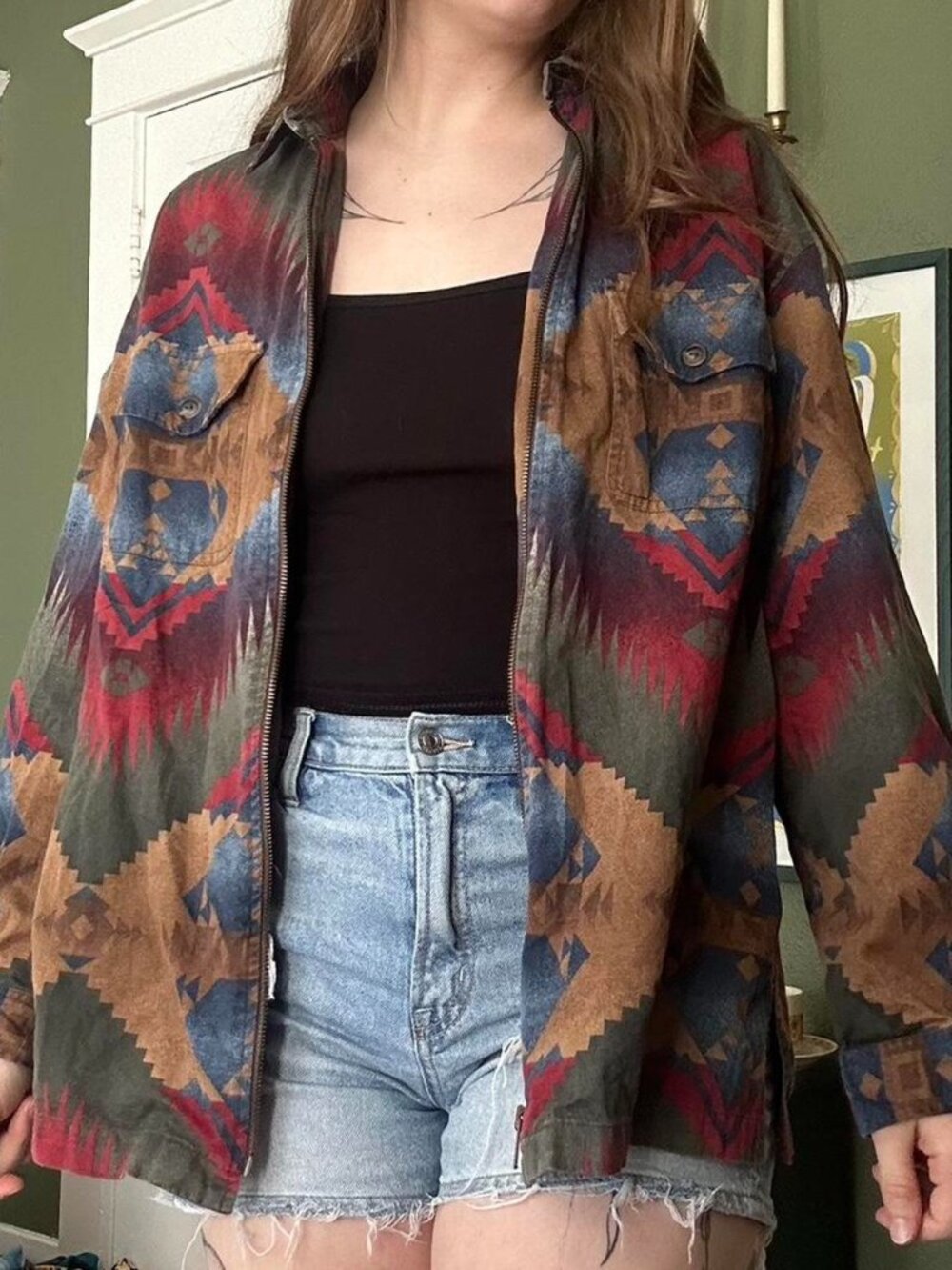 Vintage Aztec Print Zip-Up Jacket ,Boho Geometric Pattern Statement Outerwear